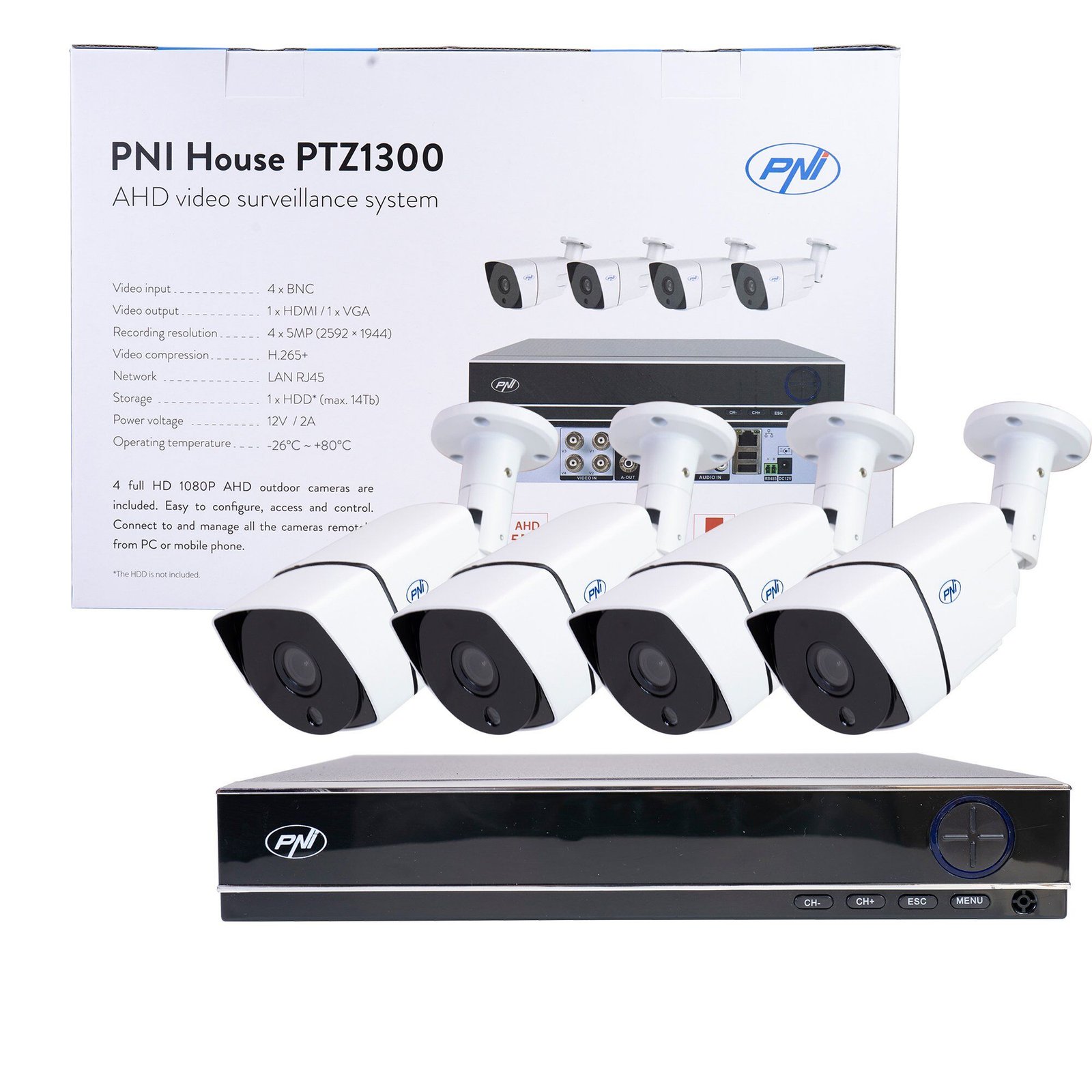 Kit de vidéosurveillance AHD PNI House PTZ1300 Full HD - NVR et 4 caméras extérieures 2MP full HD 1080P